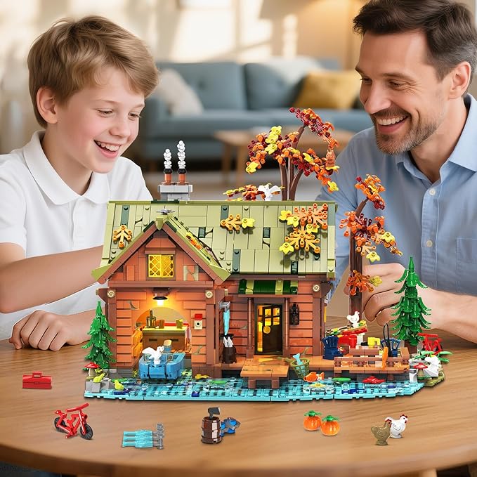 Overwater Cabin Mini Building Set with Light 2423 PCS Wooden Forest House Building Block Toy with Boat Bike Animals Home Decor Treehouse Construction Model Kit for Adults Teens Boys Girls 12+