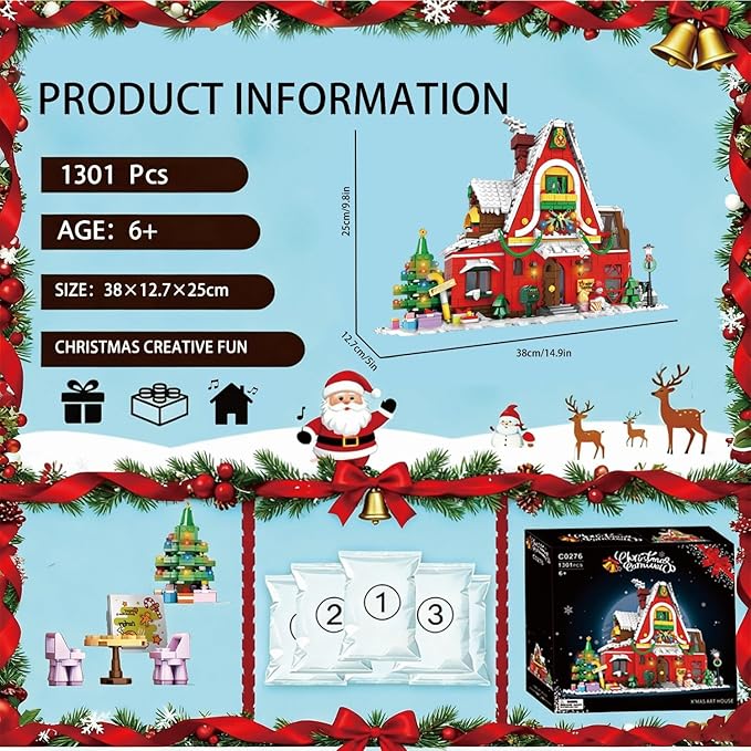 Christmas Family House Building Set Toy - Lego-Compatible Building Blocks Christmas Santa’s Visit Holiday House Winter Village with Xmas Tree Post Box Gift Idea Festive Home Décor for Kids Adults