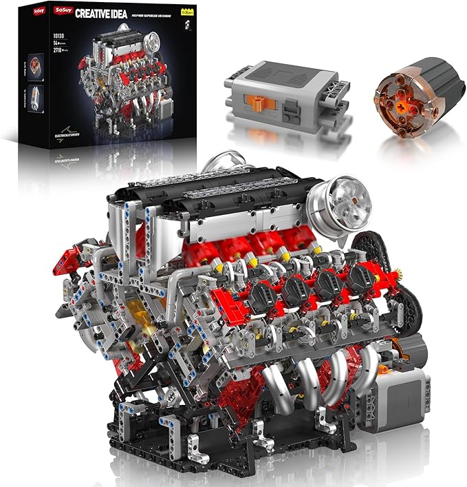 Sosuy Supercar V8 Motorized Model Engine Building Block Kit – Electric Drive Realistic Working Replica STEM Engineering Educational Toy Gift for Kids Adults Boys Girls 2718+Pcs