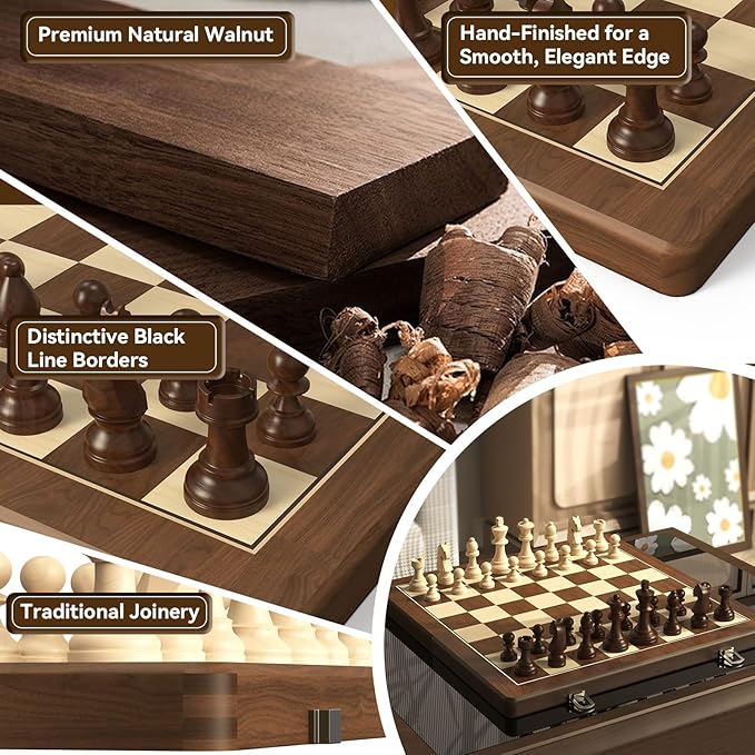 Premium Natural Walnut 15 Magnetic Wooden Folding Chess &amp Checkers Set- 2 in 1 Board Game with 3 King Staunton Pieces and 2 Extra Queens Checkers and Dust-Proof Storage Bag (Black)