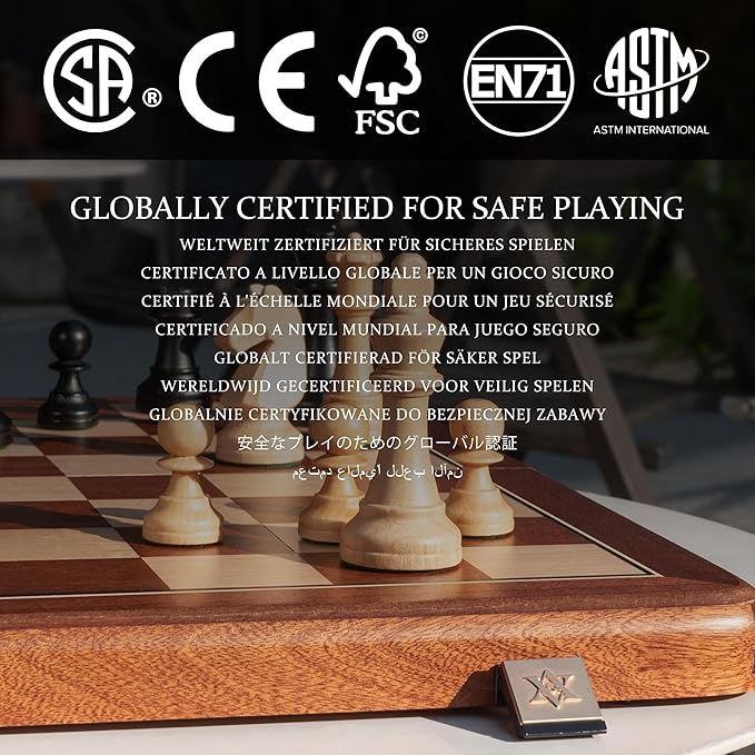 A&ampA Premium Folding Chess Board Game Set 15 Wooden Chess Board &amp 3 King Height Staunton Chess Pieces with 2 Extra Queens Portable Travel Chess Set (Natural Mahogany 15 Inches)