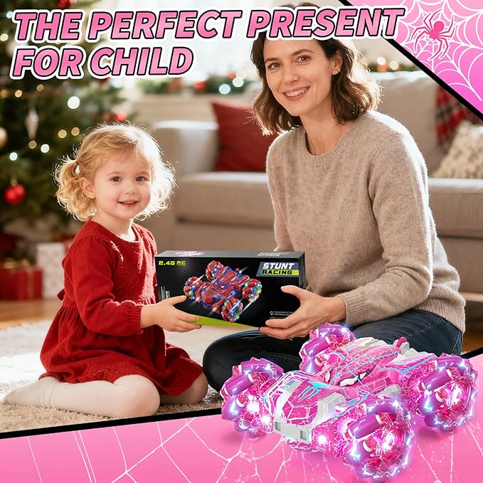 Spider Toys for Girls 4 5 6 7 8 9 10 11 12 Gesture Sensing Remote Control Car Double Sided RC Cars with Full-Body Light 2.4GHz Hand Controlled Rechargeable RC Stunt Car
