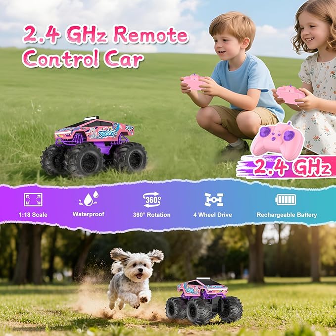 Remote Control Car for Girls1:18 Pink Monster Truck Toys Amphibious RC Cars 2.4 GHz Waterproof RC Trucks 4WD All Terrain Off-Road Pickup Girls Toys for 6-12 Year Old Kids Christmas Birthday Gifts