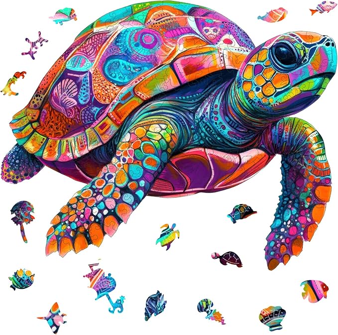 Mys Aurora Colorful Turtle Puzzles for Adults 200 Pieces 5MM Thick Wooden Jigsaw Puzzles Unique Shape Puzzle Ocean Wood Puzzles for Adults and Kids Birthday Gifts Family Game 11.4 * 11.4 inches