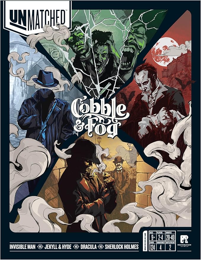Restoration Games Unmatched Cobble &amp Fog - Strategy Board Game for 2 to 4 Players - Heroes Expansion with Sherlock Holmes Dracula Jekyll &amp Hyde and Invisible Man - 20-40 Min Playtime - Ages
