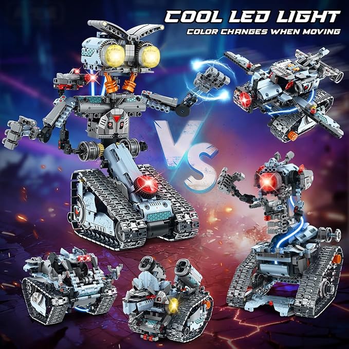 Robot Building Toy with Lights 5 in 1 Robotic Building Set with APP &amp Remote Control RC Tech Tracked Tank Car Fighter Jet Model Kit 795 PCS Easter Gift for Kids Boys Girls Ages 8+