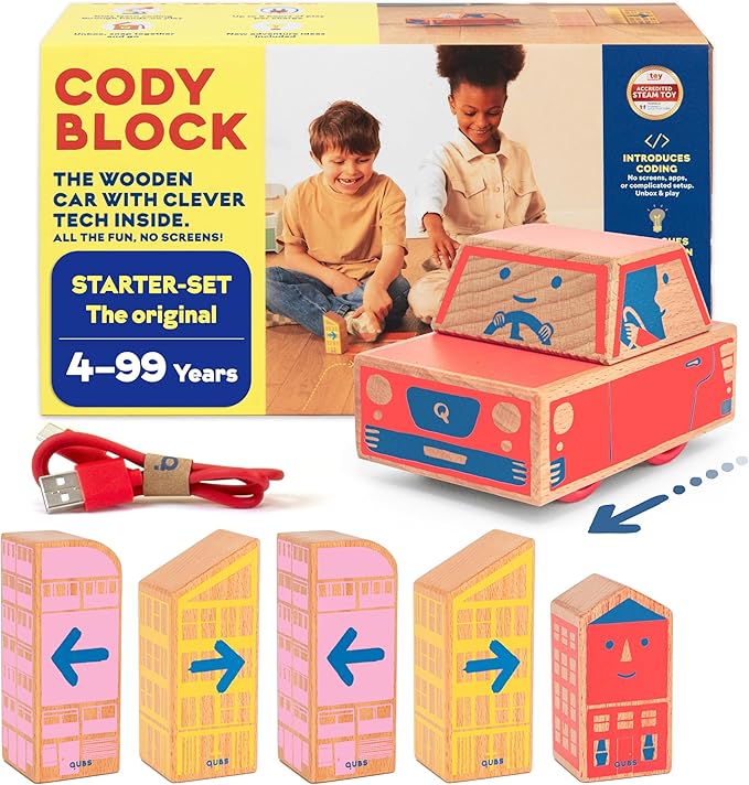Cody Block Starter Set Educational Wooden Building Blocks Coding and Car STEM Toys for Preschool Kids Ages 4+ Screen Free