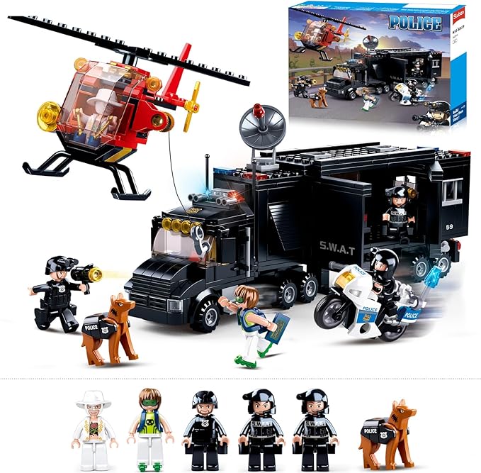 City Police Chase Building Set SWAT Mobile Command Police Truck Building Toy with Helicopter &amp Police Motorcycle Compatible with Lego City Police Station Gift for Boys Girls Aged 6+ 540 PCS