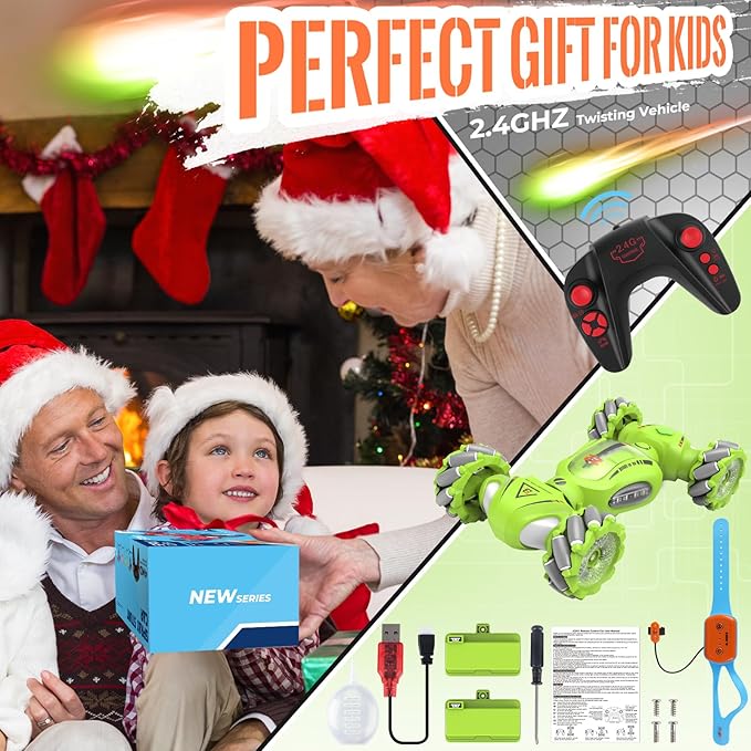 Gesture Sensing RC Stunt Car Toys Gifts for 6-8 8-12 Kids 2.4Ghz 4WD Hand Controlled RC Car with Light &amp Music &amp Spray Double-Sided 360° Rotating Birthday for Boys