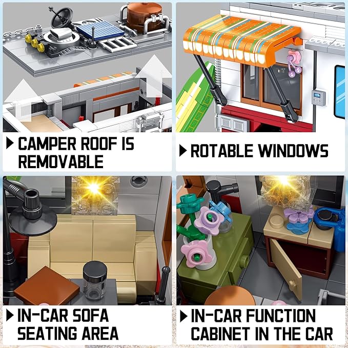 Camping Van Construction Toy 924 Pieces Building Block Set with Picnic Table Grill &amp Fire Scene Gift for Kids Teens &amp Vehicle Fans