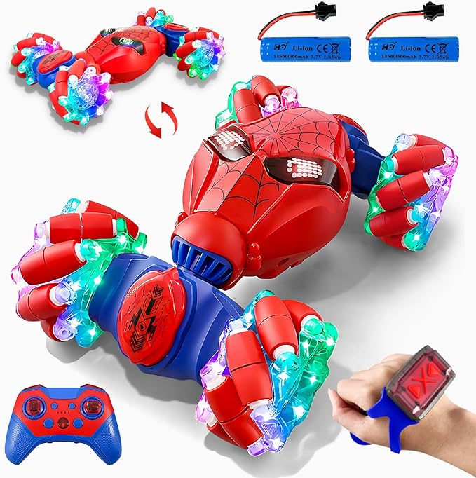 S-pider Rc Gesture Sensing Stunt Car Toys for Boys 3-14 Years Old Drift Hand Control Remote Control Cars with Light &amp Music 360°Rotation Double Side Cars Birthday Gifts for Kid Age 4 5 6 7 8 9 1