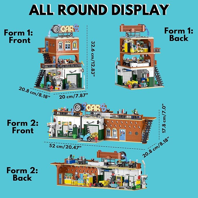2 in 1 Automotive Car Repair Shop Building Block Toy Set City House Model Kit with LED Light Bricks for Adults and Childrens Gift (1637 pcs)