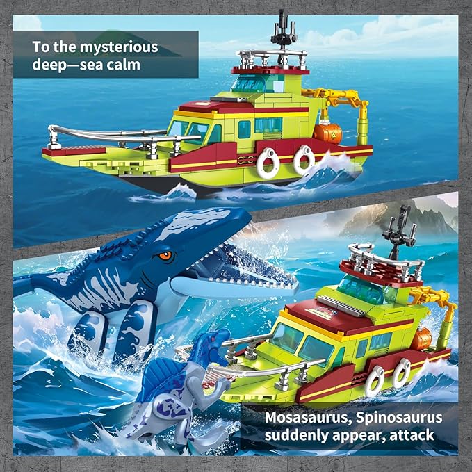 3 in 1 Sea Dinosaur Building Blocks Kit Set Compatible with Lego Dinosaur World Park Spinosaurus Mosasaurus Discovery Crossing Ocean World Building Set Boat STEM Toys Gift Kids Adults Boys Age 8-12