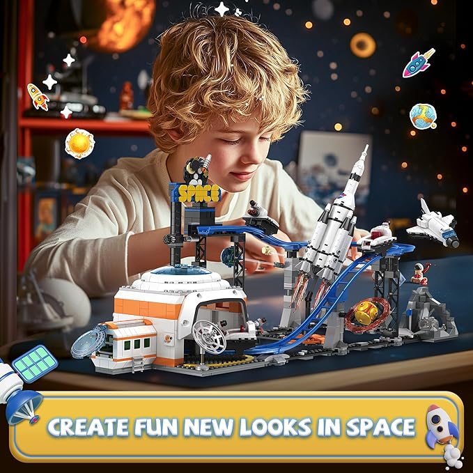 Space Roller Coaster Building Toy for Boys 12+ City Amusement Park Building Block Featuring a Roller Coaster Lift Platform Satellites Rocket Christmas Toy for Kids Ages 12+ 1288Pcs