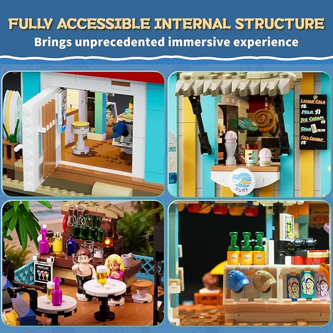 Surf Shop Lighting Building Bricks Set - Coast Club Modular Collection Display Kit with LED and Minifigures 1752 Pcs for Adults &amp Teens &amp Marine Enthusiasts