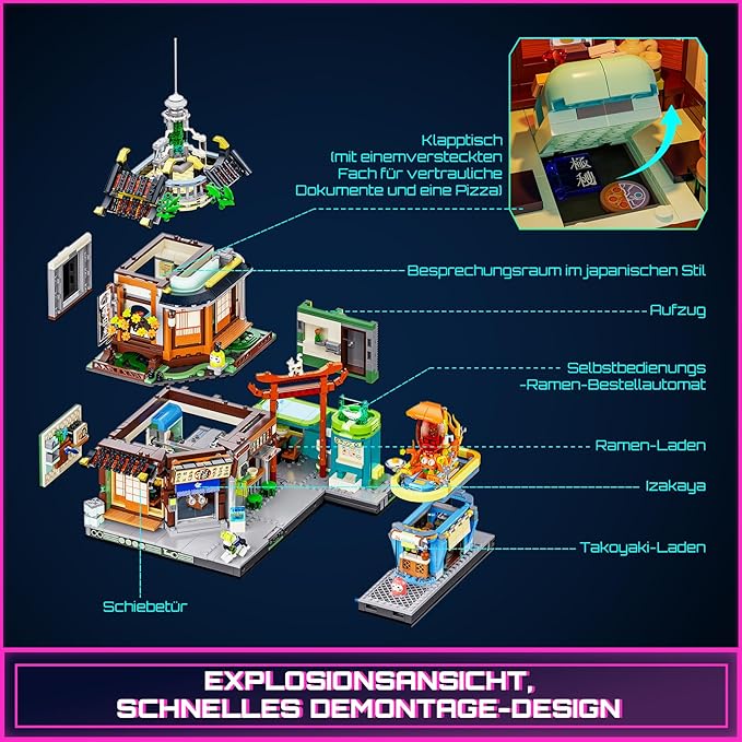 FUNWHOLE Cyberpunk Japanese-Izakaya Lighting-Building-Bricks Set - Cyberpunk Neon City Future Pub Japanese Street View House Collection LED Light Model Set 1987 Pcs for Adults and Sci-fi Lovers