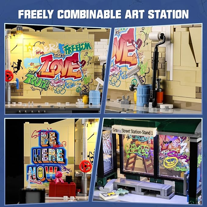 FUNWHOLE Graffiti Bus Stop Lighting Building Bricks Set - Street Fusion City Town Bus Station with LED Lgiht Multi-Form Modular Collection Kit 514 Pcs for Adults &amp Teens &amp Street Culture Lover