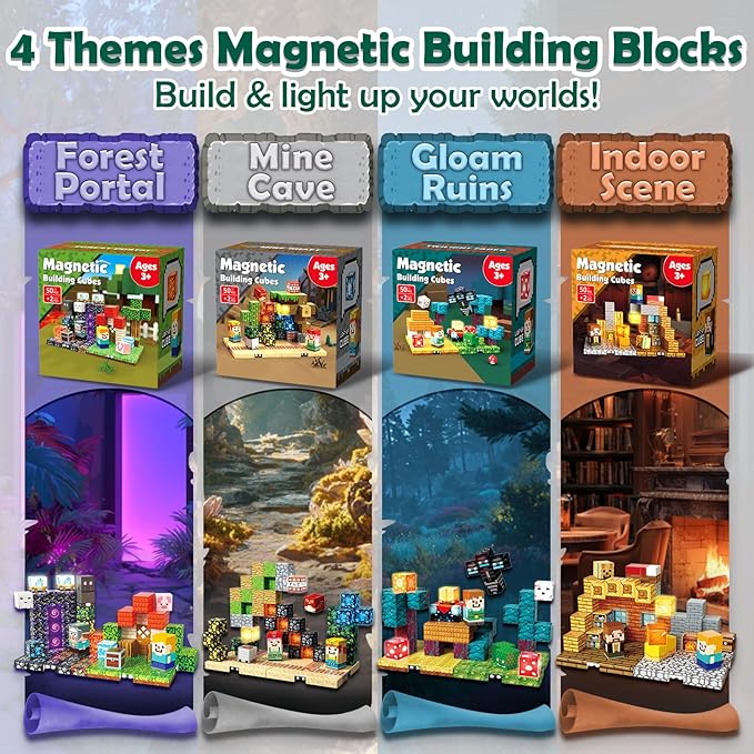 4-in-1 Magnetic Blocks with 24 Light Up Blocks 200PCS Magnetic Building Blocks with 8 Base Plates Screen-Free Magnetic Building Cubes Toy Easter Birthday Gifts for Boys Girls Age 3+
