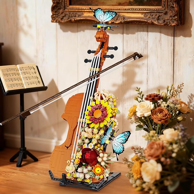 Flower Violin Building Blocks Set 1167PCS Music Instrument Toy with Stand Butterfly &amp Floral Details Creative Botanical Model for Adults Girls Home Office Decor Compatible with Lego Sets City Frie