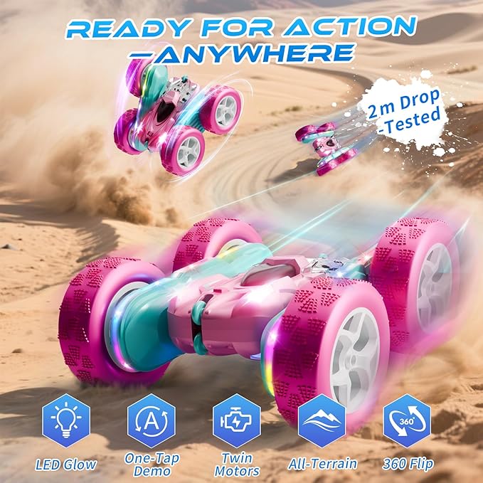 RC Car Pink 4WD Remote Control Car 360° Flip Double‑Sided LED Light Bar &amp Quick‑Swap USB‑C Modular Battery 2.4 GHz No‑Interference Popular Outdoor Beach Toy Popular Gift for Girls Ages 6‑12