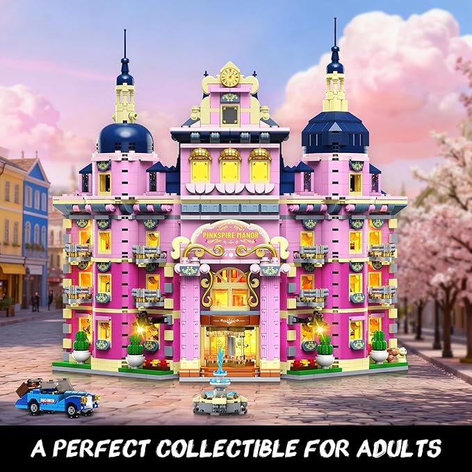 Pink Estate House Building Set with Lights 3 Style Pinkspire Construction Model with Car Fountain 1815 PCS Friends Villa Castle Building Block Kit Home Decor Gift for Adults Boys Girls 8-12+