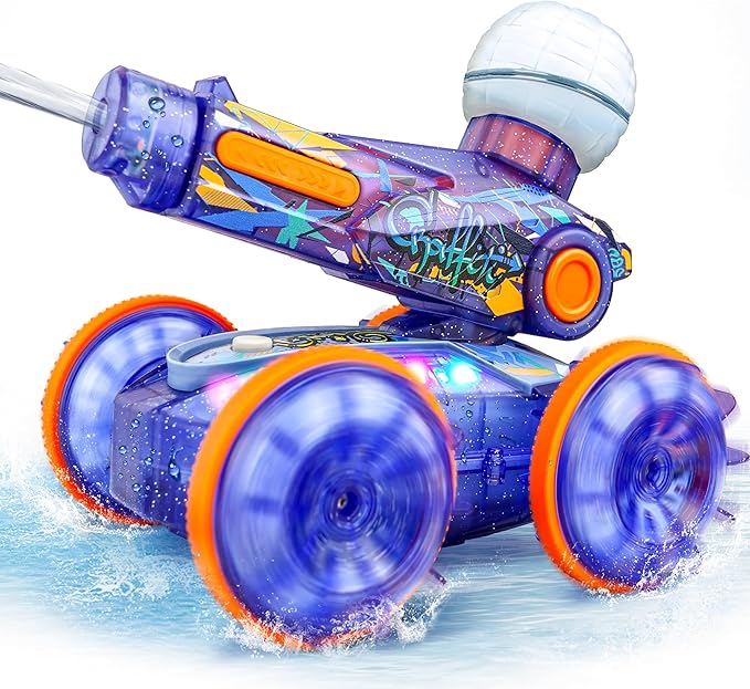 BEZGAR Pool Toys for Kids Amphibious Remote Control Car Toys for Ages 6-8 RC Stunt Car with Water Gun for Boys and Girls 8-12 Remote Control Boat with Light(Blue)