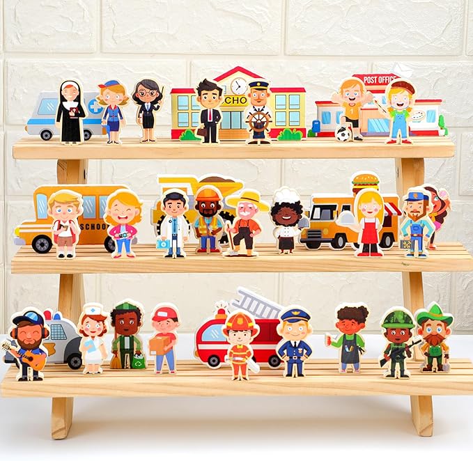 50 Pcs Wooden Community Helpers Play Set Community Includes Little Wooden People Buildings Cars Multicultural Figurines Toy Preschool Little Professionals Block Character(Stylish)