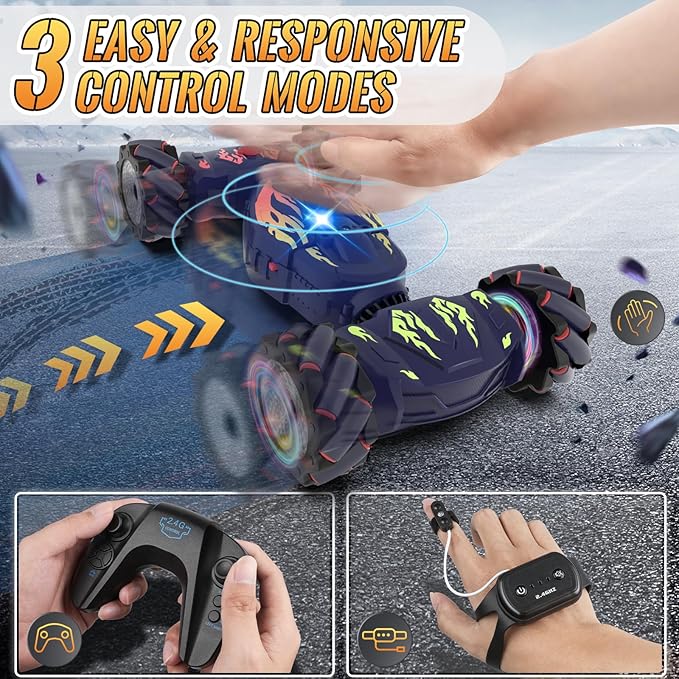 Pristar RC Cars Gesture Sensing RC Stunt Car Toys for Boys Girls 6-12 2.4Ghz 4WD Remote Stunt Car with Spray Lights Music 360° Rotate Fast Off-Road Transform Birthday Xmas Gifts for Kids Age 6-12