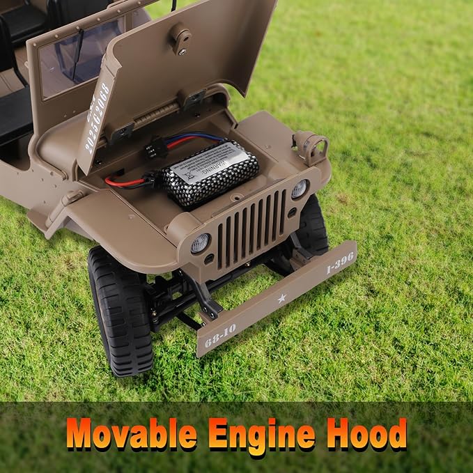 RC Crawler 1:10 Scale D888 Willys Military Jeep 2.4Ghz 4WD Off Road Rock Crawler with Lights Removable Accessories All Terrain RC Jeep Toy for Adult Teens-Upgradable (2 Batteries)