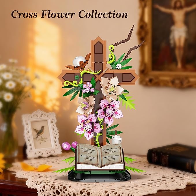 Cross Flower Building Set Religious Cross Collectibles Compatible with Lego Jesus Catholic Building Toys Easter Christian Birthday Gifts for Mothers Women or Adults
