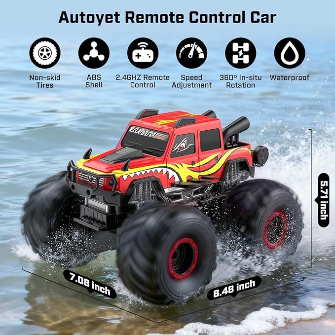 WayEee Remote Control Car Toys for Kids 6+ RC Car Waterproof Monster Truck Toys Amphibious 4X4 Pickup All Terrain Off-Road Vehicles 2.4GHz Remote Control 1/18 Scale RC Truck Boys Gifts/Red