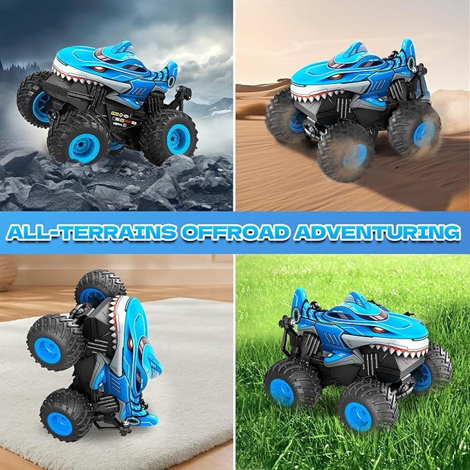 YongnKids Remote Control Car Shark Monster Trucks for Boys Age 4-7 2.4Ghz Rchargeable Rc Car with Music &amp Light360° Rotating Stunts RC Truck Toy for Kids 3-5 6 7 8-12 Birthday Easter Gift