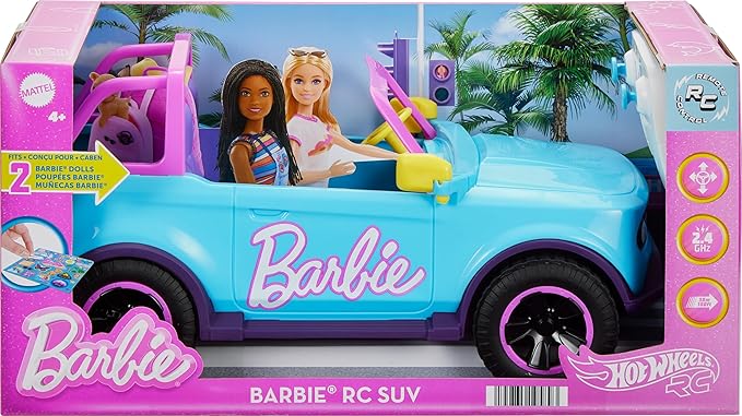 Hot Wheels Barbie RC SUV &amp Stickers Can Hold &amp Store 2 Barbie Dolls &amp Accessories Kid-Applied Stickers for Customization