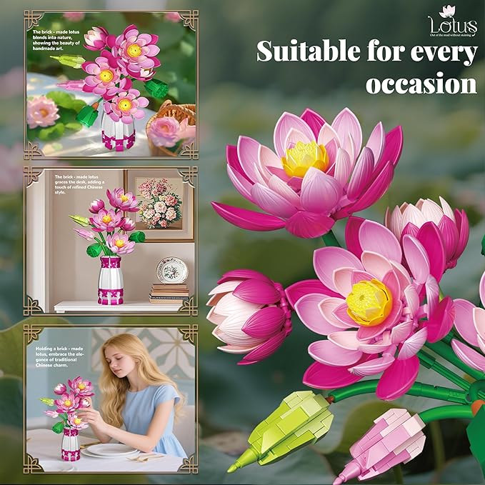Lotus Building Set Flowers Bouquet with Vase Compatible with Lego Botanical Collection Pink for Women Adults 14 Years &amp Up Home Office Decor