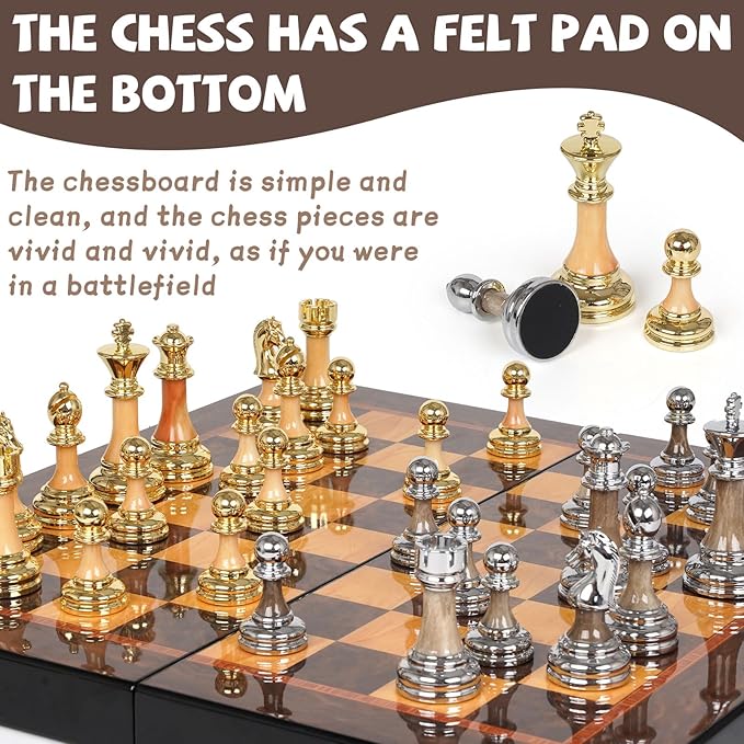 Luxury Large Metal &amp Acrylic Chess Set with Wooden Chess Board (17”) – Weighted Chess Pieces with 3.5” King Foldable Tournament Chess Set for Adults and Kids Professional Chess Game Set