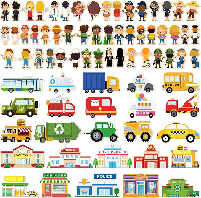 50 Pcs Wooden Community Helpers Play Set Community Includes Little Wooden People Buildings Cars Multicultural Figurines Toy Preschool Little Professionals Block Character(Stylish)