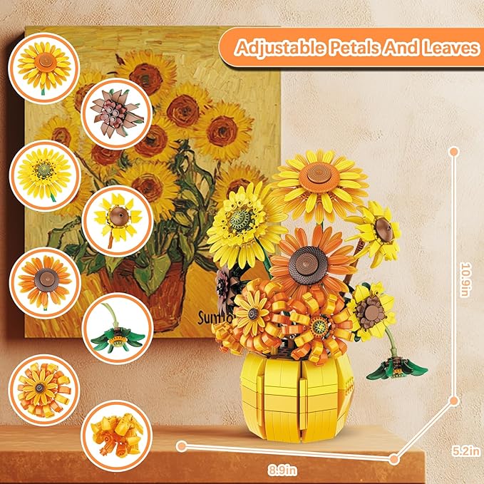 Flowers Sunflower Building Sets for Adults Van Gogh Prints Art Botanical Collection for Woman Girls 14+ Artificial Pot Bouquet Plants Kits Home Decor/Christmas/Valentine/Mother's Day Birthday Gifts