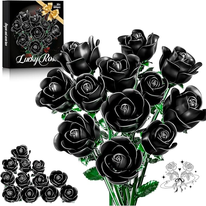 Black Rose Bouquet Building Set for Girls &amp Boys - 12 Pack Botanical Collection Gift for Easter Basket Artificial Flowers Botanical Collection Centerpiece Retro Decor