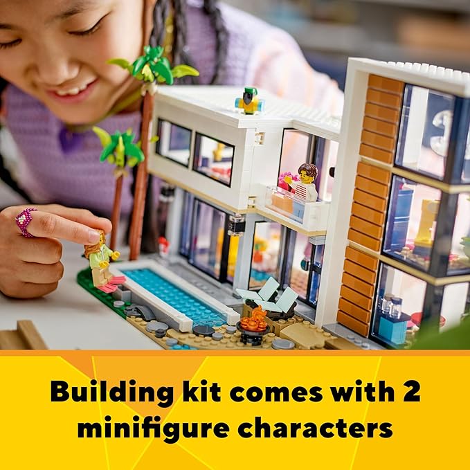 LEGO Creator 3 in 1 Modern Toy House - Kids Toy Building Set with 3 Building Options for Boys &amp Girls Ages 9+ - with 2 Minifigures for Pretend Play - Gift Idea for Birthday - 31153