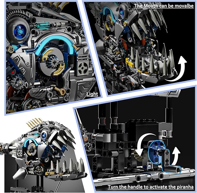 1085-PCS Mechanical Piranhas Fish Building Set with LED Light Movable Linkage Gears Display StandMechanical Fish