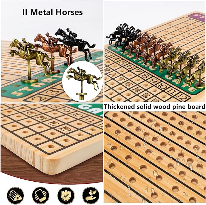 Horse Race Board Game with 11 Luxury Metal Horses 4 Dice 2 Card Boxes and Thickened Wood Game Board for 2-11 Players Family Party for Adults Teens &amp Kids Horse Racing Game