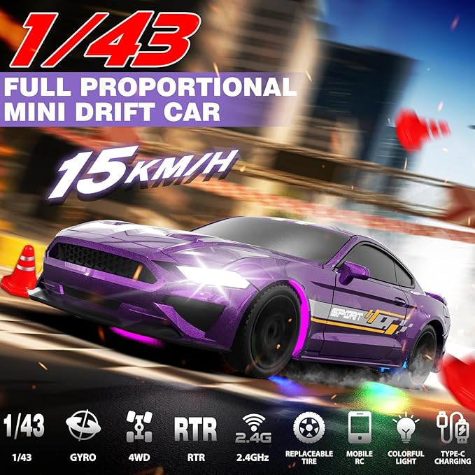1/43 RC Drift Car Mini Drifting RC Car with Gyro 2.4GHz Full Proportional Drift Cars 4WD RTR Remote Control Cars with Colorful Lights Gyroscope Fast Racing Vehicle Gift for Kids Boys Adults