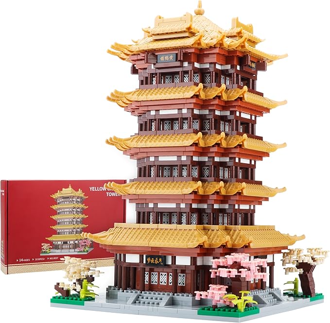 Chinese House Asian Architecture Micro Building Blocks Yellow Crane Tower for Adults - Decorative DIY Gift for Age of 14+