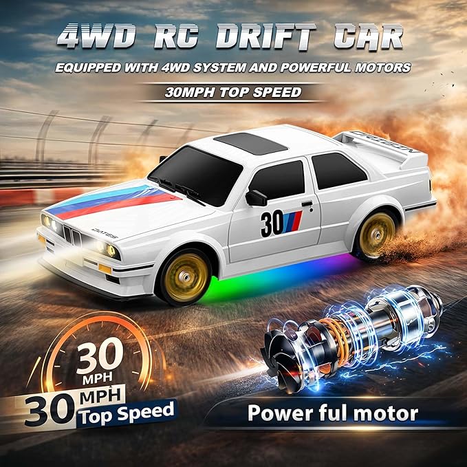 RC Drift Car 2.4GHz 1:16 Scale 4WD 30KM/H High Speed Remote Control Cars Vehicle with LED Lights 2Pcs Rechargeable Batteries Drifting Tires Racing Sport Toy Cars for Adults Boys Girls Kids Gift