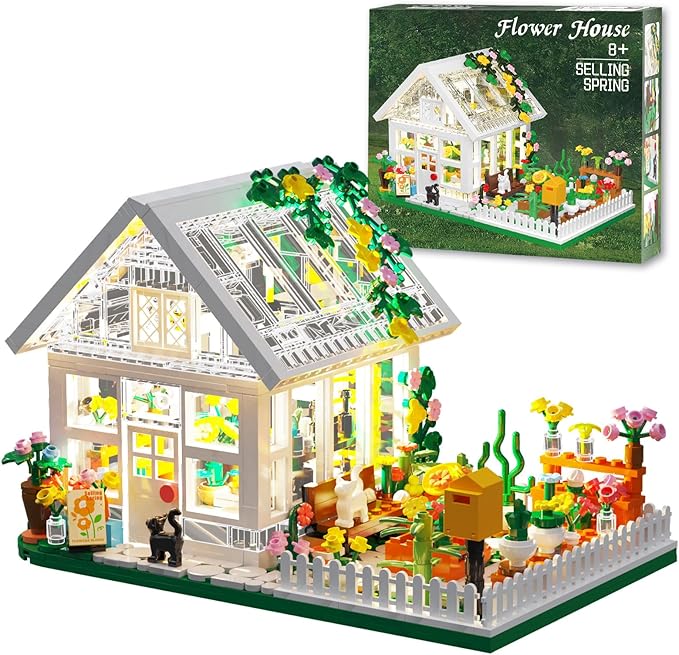 Flower House Building Mini Set with LED City Street View Greenhouse Building Blocks Toy Valentine Xmas Gift for Friends or Girls 8-12 Year