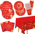 Valentine's Day Party Supplies Red Heart Love Disposable Paper Plates Napkins Cups plastic Tablecloth for Valentine's Day Engagements Anniversary Birthday Party Serve 25