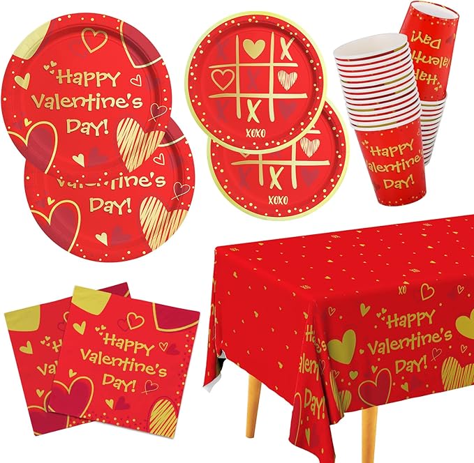 Valentine's Day Party Supplies Red Heart Love Disposable Paper Plates Napkins Cups plastic Tablecloth for Valentine's Day Engagements Anniversary Birthday Party Serve 25