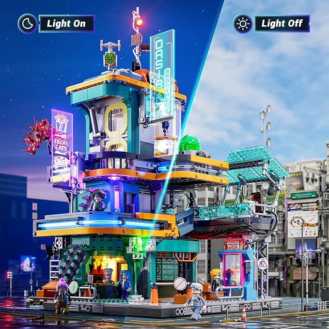 FUNWHOLE Cyberpunk Mansion Lighting Building-Bricks Set - 2524 Pcs Future City Modular Buildings Set Display Idea for Adults and Sci-fi Lovers