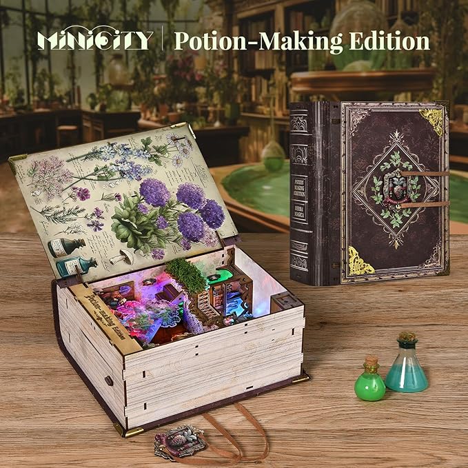 Magic Book Nook Building Set with Light Booknook Building Toys for Bookshelf Home Decor DIY Miniature House Model Kit Gifts for Adults (Potion-Making Edition)