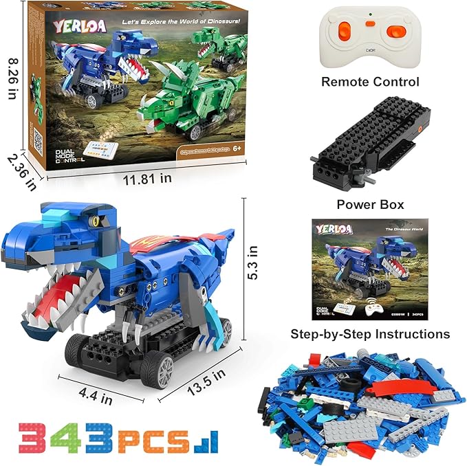 Yerloa Dinosaur Toys for Boys Age 8-12 5-7 6-7 Jurassic Building Kits for Kids 6 7 8 9 10 11 12 + Year Old 343 Pcs Remote Control STEM Projects Building Blocks Sets Educational Birthday Easter Gifts